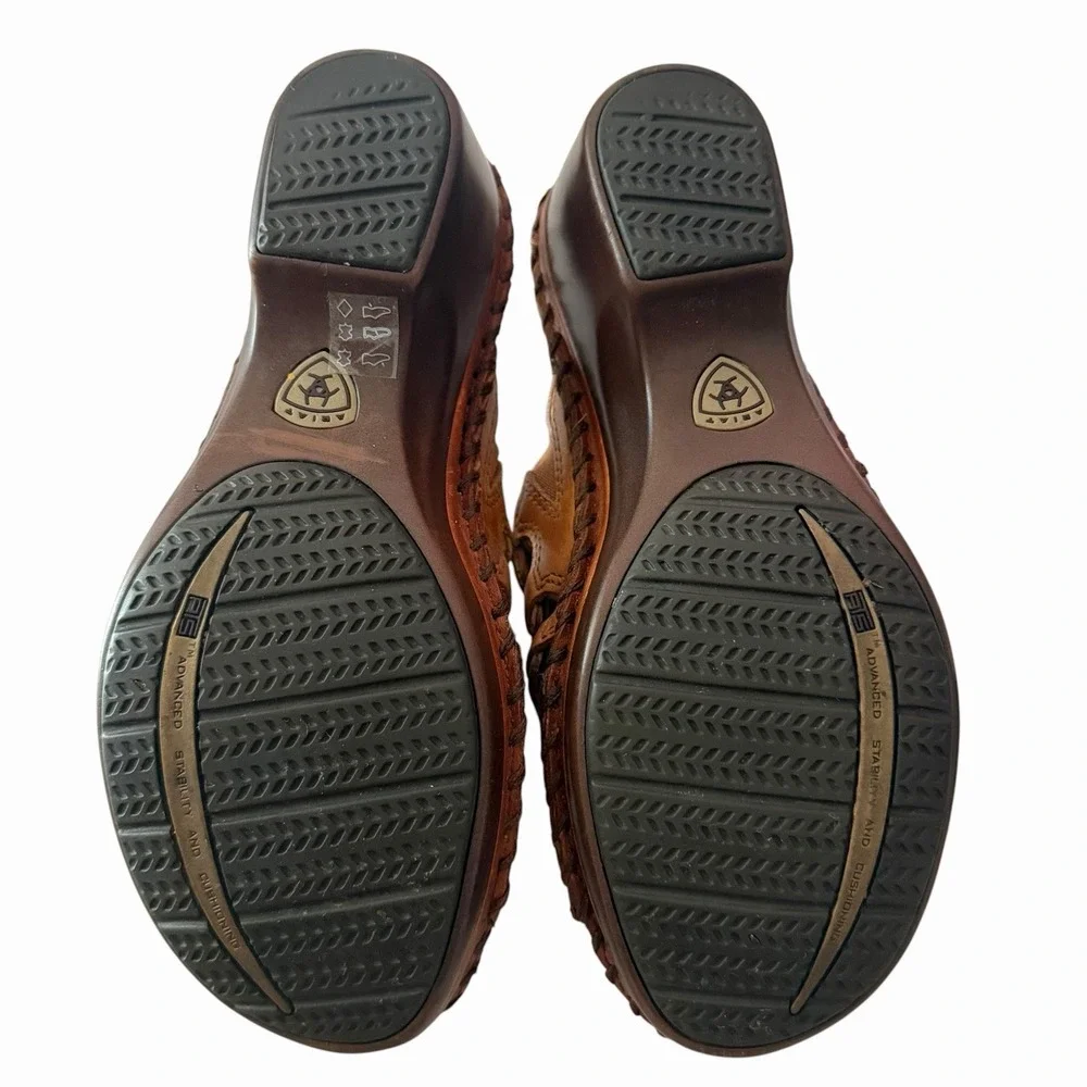 Ariat Womens 6B Brown Leather Woven Wedge Mule Sandals Whipstitch Western Boho